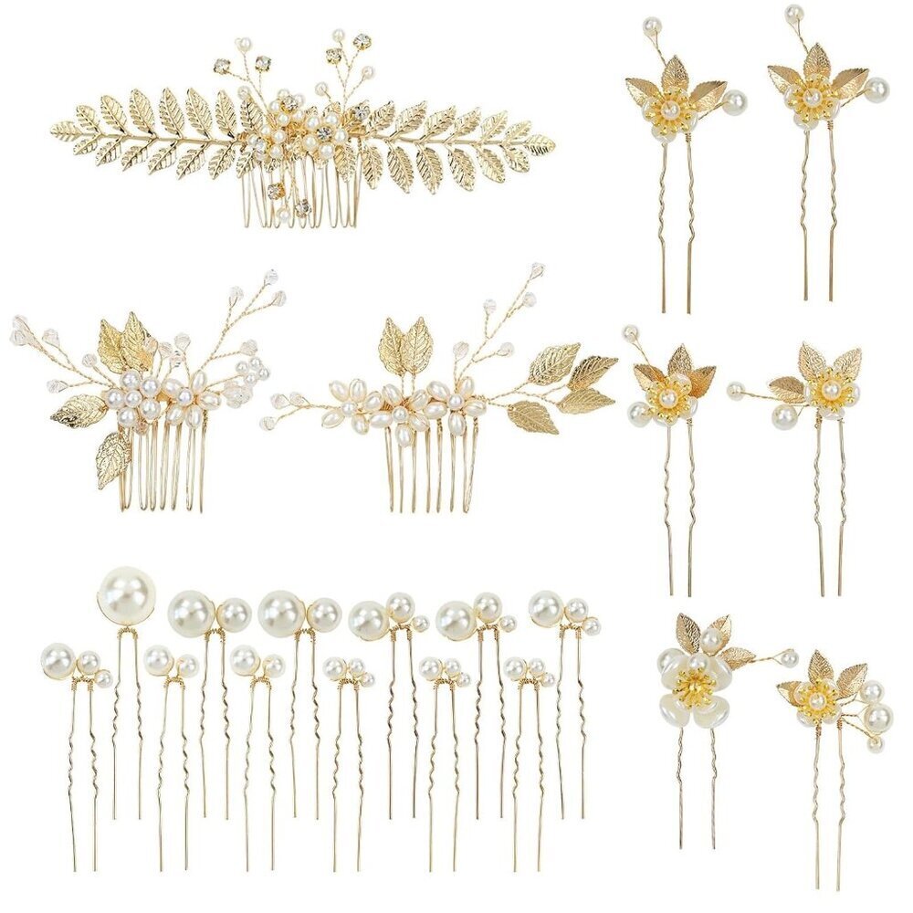 21 Pack Bridal Hair Combs Pins Pearls Gold Flower Leaf Headpieces Accessories